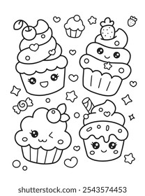 Lindo kawaii cupcake postres imprimibles para colorear ilustración de página