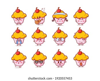 Cute- und Kawaii-Cupcake-Aufkleber-Illustration mit verschiedenen Aktivitäten und Ausdrücken für Maskottchen