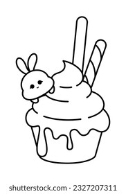 Cute Kawaii Cupcake.  Vector Line Art Illustration. Charming vector line art illustration featuring a kawaii style cupcake, with delicate black lines on a clean white background.