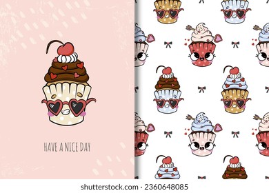 Cute kawaii cupcakes card and seamless pattern