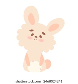 Cute kawaii curly rabbit,bunny in hand draw flat style isolated on white background. Children vector illustration.Cartoon funny baby animal character design.Soft pastel colors.