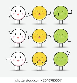 Conjunto de personajes de pastel de dango kawaii lindo. Pastel de dango dulce japonés postre de dibujos animados. Dangos fuertes con músculos