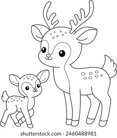 Cute kawaii deer and baby cartoon character coloring page vector illustration. Wild animal, mothers day colouring page for kids