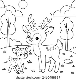 Cute kawaii deer and baby cartoon character coloring page vector illustration. Wild animal, mothers day colouring page for kids