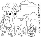Cute kawaii deer cartoon character in the forest background coloring page vector illustration