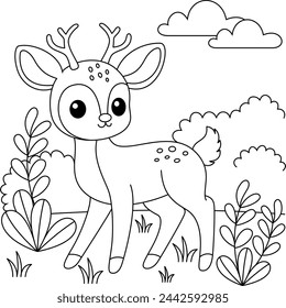 Cute kawaii deer cartoon character in the forest background coloring page vector illustration