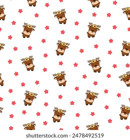 Cute kawaii deer character. Seamless pattern. Cartoon funny wild animal. Funny moose. Hand drawn style. Vector drawing. Design ornaments.