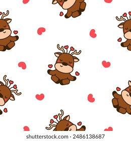 Cute kawaii deer character. Seamless pattern. Cartoon funny wild animal. Funny moose. Hand drawn style. Vector drawing. Design ornaments.