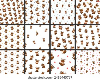 Cute kawaii deer character. Seamless pattern. Cartoon funny wild animal. Funny moose. Hand drawn style. Vector drawing. Collection of design ornaments.