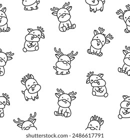 Cute kawaii deer character. Seamless pattern. Coloring Page. Cartoon funny wild animal. Funny moose. Hand drawn style. Vector drawing. Design ornaments.