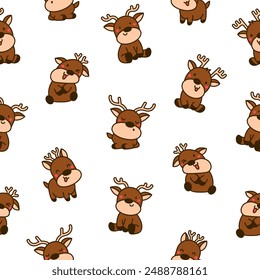 Cute kawaii deer character. Seamless pattern. Cartoon funny wild animal. Funny moose. Hand drawn style. Vector drawing. Design ornaments.