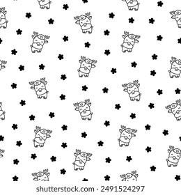 Cute kawaii deer character. Seamless pattern. Coloring Page. Cartoon funny wild animal. Funny moose. Hand drawn style. Vector drawing. Design ornaments.