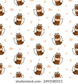 Cute kawaii deer character. Seamless pattern. Cartoon funny wild animal. Funny moose. Hand drawn style. Vector drawing. Design ornaments.