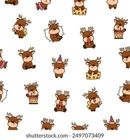 Cute kawaii deer character. Seamless pattern. Cartoon funny wild animal. Funny moose. Hand drawn style. Vector drawing. Design ornaments.