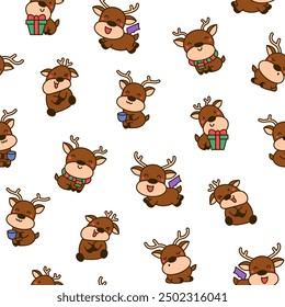 Cute kawaii deer character. Seamless pattern. Cartoon funny wild animal. Funny moose. Hand drawn style. Vector drawing. Design ornaments.