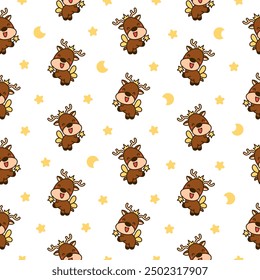 Cute kawaii deer character. Seamless pattern. Cartoon funny wild animal. Funny moose. Hand drawn style. Vector drawing. Design ornaments.