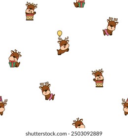 Cute kawaii deer character. Seamless pattern. Cartoon funny wild animal. Funny moose. Hand drawn style. Vector drawing. Design ornaments.