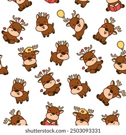 Cute kawaii deer character. Seamless pattern. Cartoon funny wild animal. Funny moose. Hand drawn style. Vector drawing. Design ornaments.