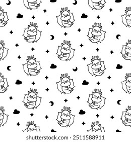 Cute kawaii deer character. Seamless pattern. Coloring Page. Cartoon funny wild animal. Funny moose. Hand drawn style. Vector drawing. Design ornaments.