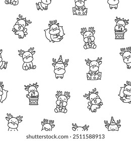 Cute kawaii deer character. Seamless pattern. Coloring Page. Cartoon funny wild animal. Funny moose. Hand drawn style. Vector drawing. Design ornaments.