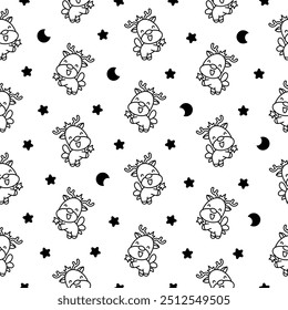 Cute kawaii deer character. Seamless pattern. Coloring Page. Cartoon funny wild animal. Funny moose. Hand drawn style. Vector drawing. Design ornaments.