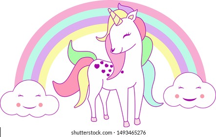 Cute kawaii deer with clouds, Deer and clouds, vector illustration. Kawaii style