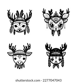 cute kawaii deer head logo wearing indian chief accessories collection set hand drawn illustration