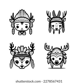 A cute kawaii deer head logo collection set, adorned with Indian chief accessories. Hand drawn with love and intricate details