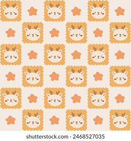 Cute Kawaii Deer and Star Pattern with Yellow Background. Adorable vector pattern featuring kawaii style deer faces and stars on a yellow and orange background.