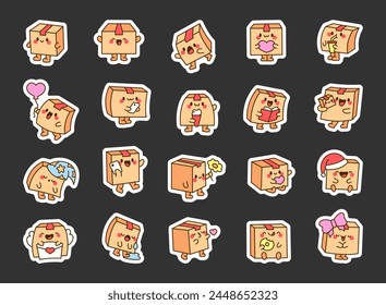 Cute kawaii delivery box with funny face. Sticker Bookmark. Happy parcel cartoon character. Hand drawn style. Vector drawing. Collection of design elements.