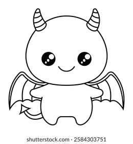 Cute kawaii devil monster vector illustration. Adorable cartoon demon with wings and horns. Halloween character outline for kids coloring book and design projects.