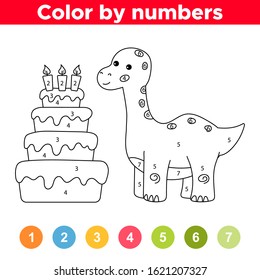 Cute kawaii dinosaur Brachiosaur with birthday cake. Number coloring page for kids. Educational game. Learn colors.
