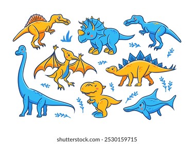 Süße Kawaii-Dinosaurier. Bezaubernde Cartoon-Sammlung für Kinder. Ein Set mit amüsanten Dinosauriern, darunter Diplodocus, Tyrannosaurus Rex, Velociraptor und mehr. Vektorgrafik.