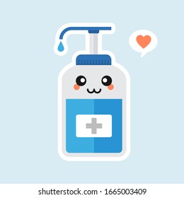 cute and kawaii disinfection or and sanitizer bottle, washing gel. Vector illustration suitable for hygiene, disinfect, medical, clean life, anti virus, bacteria, health care, disease spread, germs