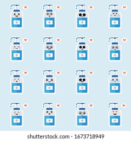 cute and kawaii disinfection or and sanitizer bottle, washing gel. Vector illustration suitable for hygiene, disinfect, medical, clean life, anti virus, bacteria, health care, disease spread, germs