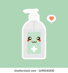 cute and kawaii disinfection or and sanitizer bottle, washing gel. Vector illustration suitable for hygiene, disinfect, medical, clean life, anti virus, bacteria, health care, disease spread, germs
