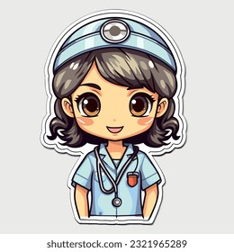 Cute Kawaii doctors nurse Sticker, vector illustration