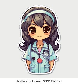 Cute Kawaii doctors nurse Sticker, vector illustration