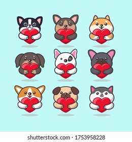 Cute kawaii dog animals care emoticon hugging a red heart sticker 