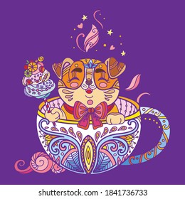 Perro kawaii en una taza. Ilustración antiestrés para adultos con animales en forma de maraña aislados en fondo morado. Ilustración vectorial colorida para impresión, diseño, impresión de camisetas, tatuaje, logotipo. Zendoodle