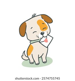 cute kawaii dog holding love letter with happy expression, vector naive style on white background
