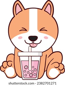 Cute kawaii dog and mug of coffee drink with foam. It can be used for menu, brochures, poster, sticker etc. Vector image.