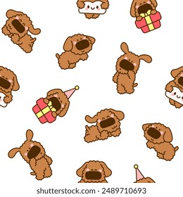 Netter Kawaii-Hund. Nahtloses Muster. Pudel. Cartoon lustige Welpenfigur. Handgezeichneter Stil. Vektorgrafik zeichnen. Design Ornamente.