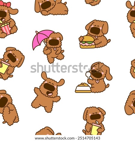Cute kawaii dog. Seamless pattern. Toy poodle. Cartoon funny puppy character. Hand drawn style. Vector drawing. Design ornaments.