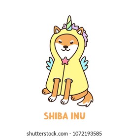 Cute kawaii dog of shiba inu breed in a unicorn costume or raincoat. It can be used for sticker, patch, phone case, poster, t-shirt, mug and other design.