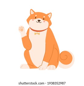 Cute kawaii dog of Shiba Inu breed waving with paw and saying hi. Greeting gesture of adorable Japanese puppy. Colored flat vector illustration of funny Akita doggy isolated on white background