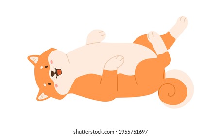 Cute kawaii dog of Shiba Inu breed lying belly up. Adorable playful puppy isolated on white background. Happy funny Japanese doggy. Colored flat vector illustration of sweet joyful Akita.
