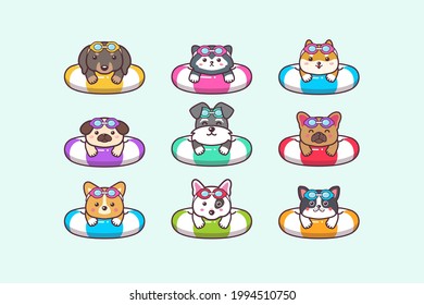 Cute Kawaii 
Dog Summer Animals Swimming with Swimming Ring Buoy And Swimming Goggles