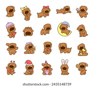 Caniche lindo del juguete del perro del kawaii. Caricatura personaje de cachorro divertido. Estilo dibujado a mano. Dibujo vectorial. Colección de elementos de diseño.