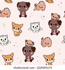 Cute kawaii dogs seamless pattern. Vector cartoon illustration print for children's t-shirt